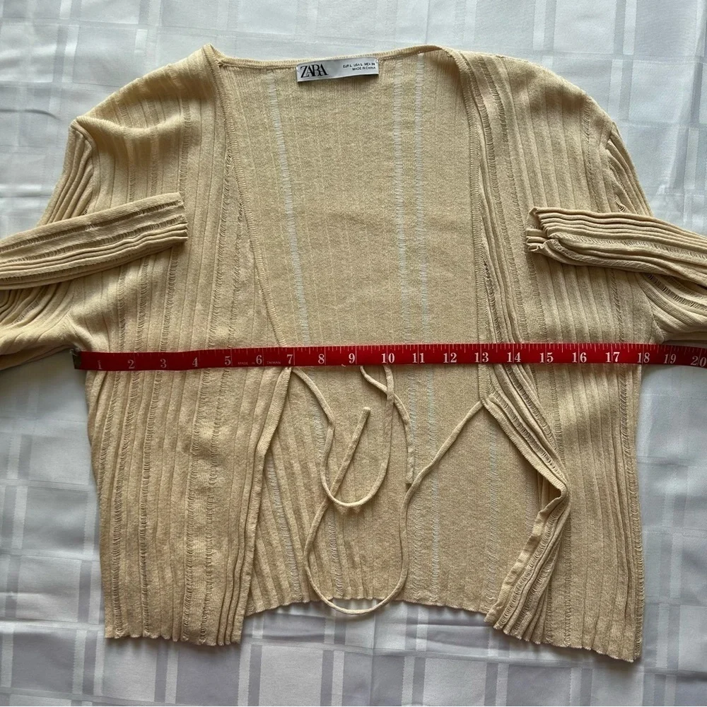Zara Cream Stretch Loose Knit Tie Front Long Sleeve Cardigan Sweater - Picture 5 of 13